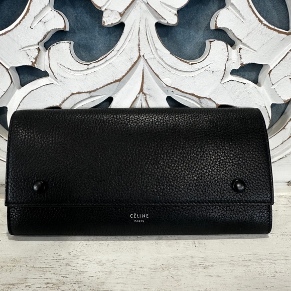 Celine Handbags - Celine Black Leather Flap Long Wallet Yellow Interior w COA